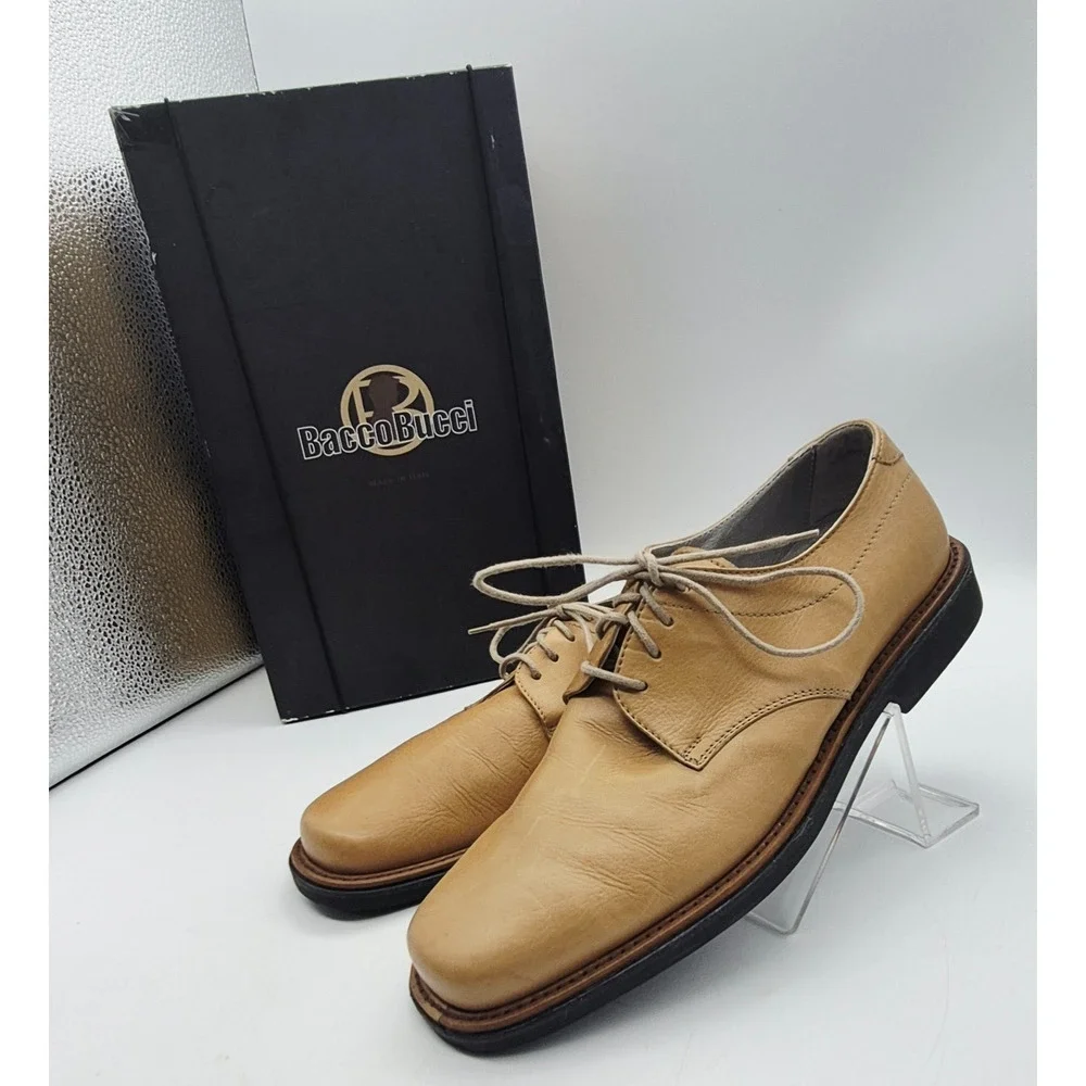 Bacco Bucci Mens Oxford Dress Shoes Size 8 Tan Leather Lace-Up Made in Italy